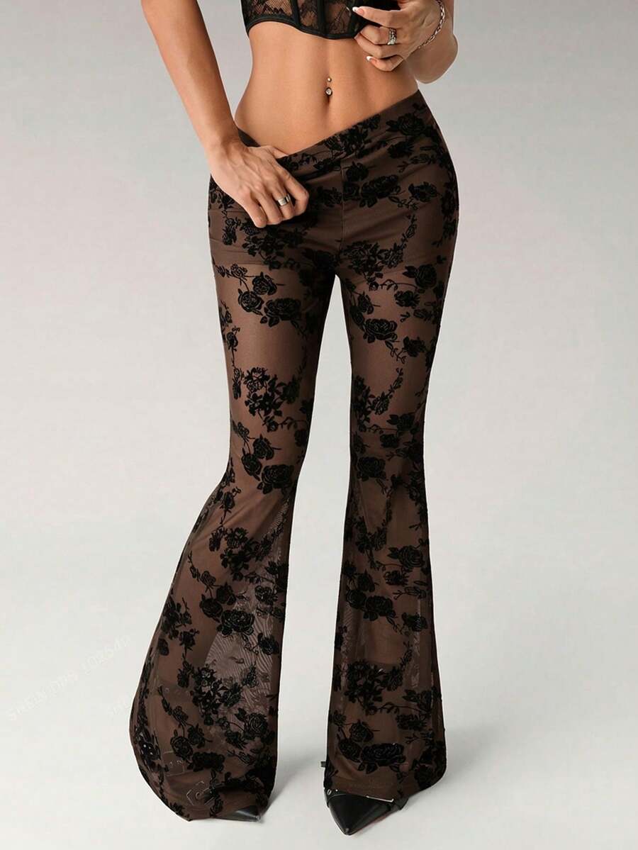 SHEIN ICON 女士时尚性感日常植绒透视喇叭裤 - 棕色 - 查看 1