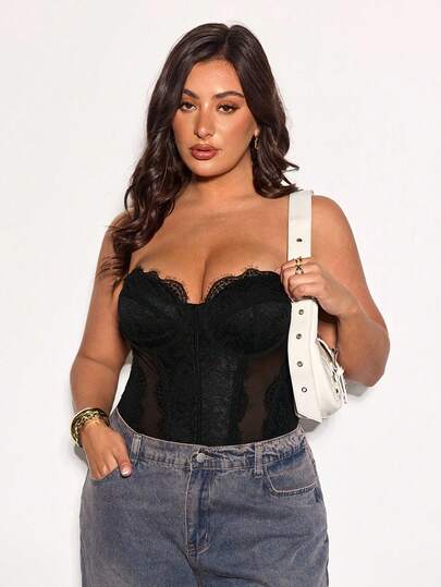 SHEIN BAE Summer Beach Vacation Plus Size Clothing Holiday Clothing Party Gathering, Dating Travel, Going Out, Music Festival Clothing, Concert Clothing, Country Music Festival Clothing,Women's A Spaghetti Strap Lace Patchwork Black Corset Top Sexy New Years Top Bodysuit,New Years Women Outfit,Corset Tops For Women,Valentine's Day,Valentine Outfits For Women