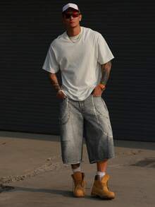 DAZY Men's Distressed Washed Grey Patterned Digital Print Denim Shorts, Summer - Grey - View 4