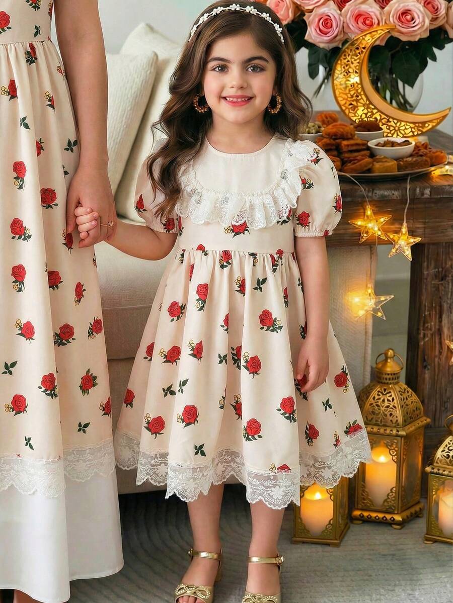 LMoss Kids LMoss Young Girl Ditsy Floral Ivory Casual Dress,Blue Butterfly,Summer,Traditional,Wedding,Round Neck Ruffle Hem Lace Trim Red Roses Tea Party Dress - Multicolor - View 1