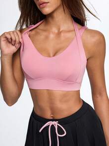 Eassivo Eassivo Easify Sport 女士纯色挂脖运动文胸 - 露背上衣，适合健身/训练/瑜伽 - 粉色 - 查看 7