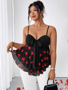 Elenzga Camiseta ajustada elegante y casual con parches de malla con forma de corazón y decoración de moño, adecuada para una cita en el Día de San Valentín, dulce pero ligeramente sexy