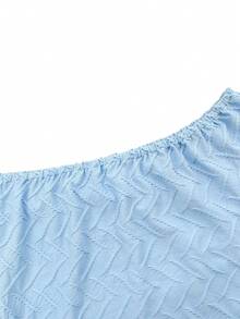 Elenzga New Knitted Wavy Texture Jacquard Sexy Fashion Off Shoulder Fitted Ruched Asymmetric Hem Tie Waist Metal Buckle Mini Dress, Elegant & Versatile For Dates & Daily Wear - Baby Blue - View 4
