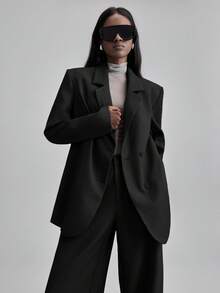 Ontre 女款 2026SS 夏季新款寬鬆西裝外套，鄉村風節慶海灘度假鄉村音樂會風格，商務休閒女式辦公穿搭，低調老錢風都市通勤辦公服飾，優雅正式極簡都市現代時尚百搭女式西裝 - 黑色 - 查看 4