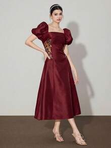 Modelyn Women's Floral Embroidery Pattern Elegant Waist Cinched Midi Party Dress With Puff Sleeves - Burgundy - View 5