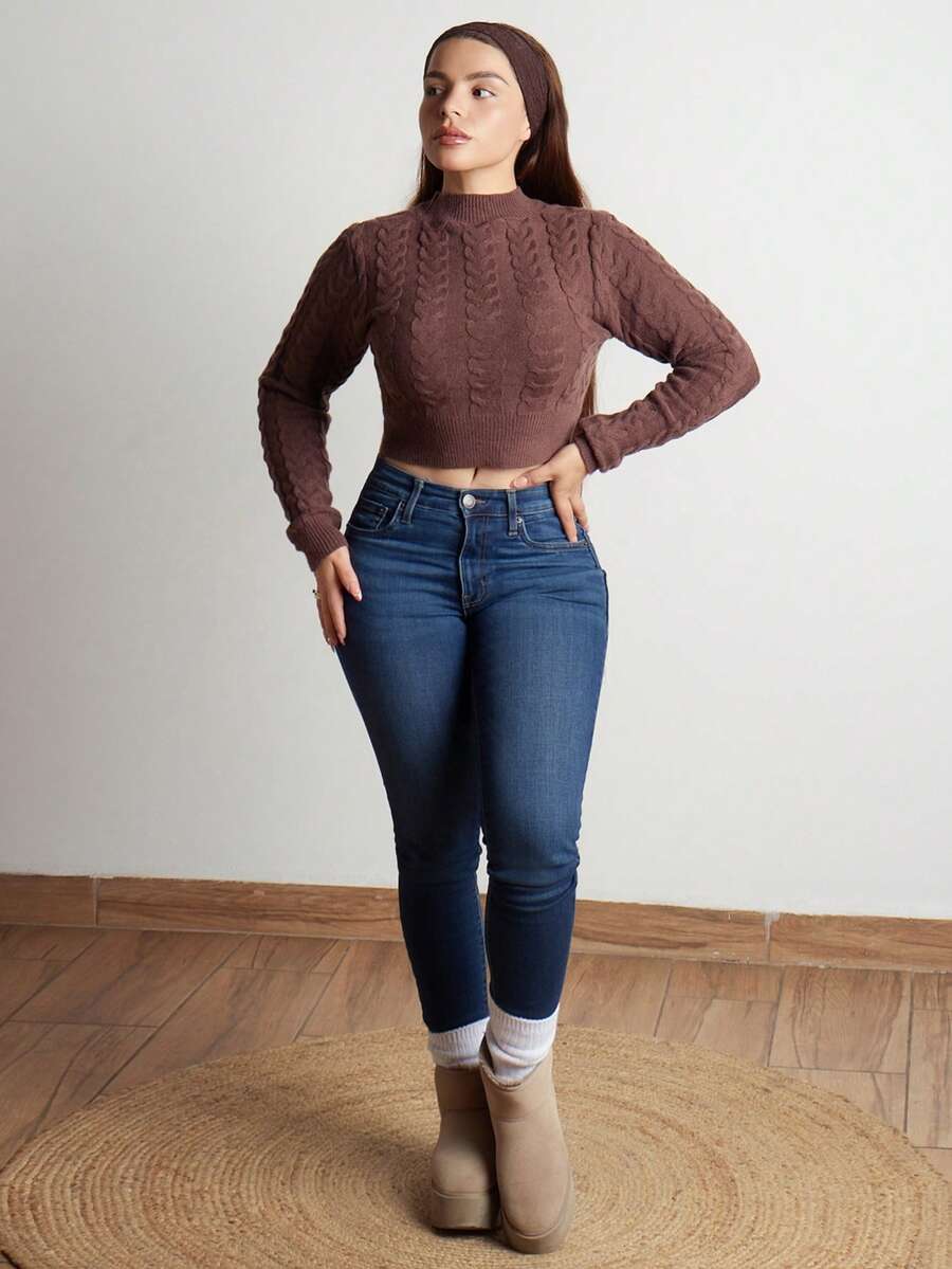 Lupita Cardoza Femmes Vintage Tricot Épais Col Rond Ajusté Manches Longues Pull, Base Minimaliste Couleur Abricot pour l'Automne/Hiver - Nude - Voir 1