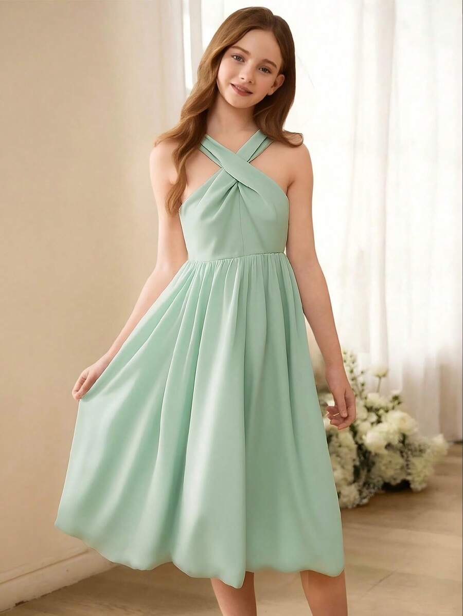 1pc Tween Girls' Elegant Faux Pearl Chiffon Halter Neck Backless Fitted Dress, Suitable For Daily Wear, Gatherings, Parties, Weddings - Green - View 1