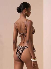 Swim Chiccia Women's Geometric Print Bikini 3-Piece Set,Black Summer Casual Vacation Holiday Mesh Sarong Skirt Set,High-End Retro Gold Bead Decor Halter Swimwear - Multicolor - View 5