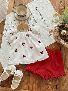 SHEIN LMoss Kids Newborn Baby Girl Floral Embroidery Short Sleeve Top And Green Shorts Set, Summer - Multicolor - View 2