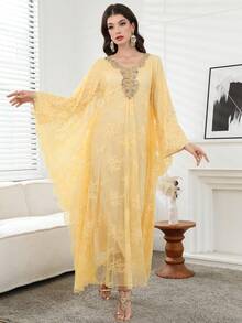 Yasmyna 女士端庄优雅奢华浪漫蕾丝睫毛边阿拉伯风格连衣裙 - 黃色 - 查看 5