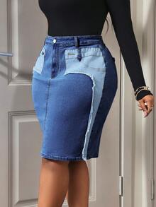 Slaydiva Plus Size Casual Washed Color Block Patchwork Fitted Denim Mini Skirt - Medium Wash - View 3