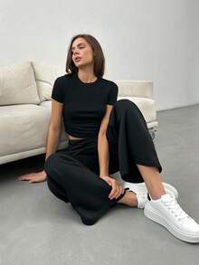 SHEIN Tall 夏季灰色紧身短袖T恤和宽松运动裤两件套，休闲装 - 黑色 - 查看 8