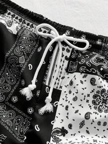 AXEPEAK 男士印花圍巾圖案束腰短褲，寬鬆板型，鮮豔圖形，適用於假期海灘