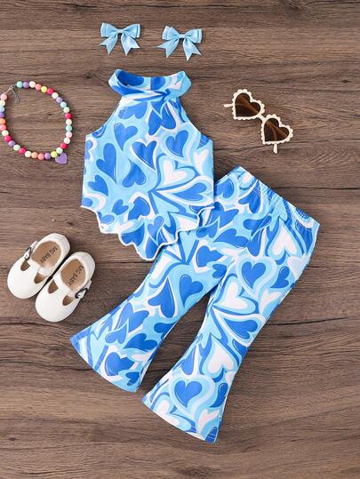 SHEIN ชุดเซ็ต 2 ชิ้น Babygirl เสื้อสายเดี่ยวถักหัวใจแฟชั่นและกางเกงบาน