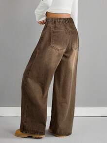 SHEIN 复古蓝色宽松低腰牛仔裤，适合青少年女孩 - 棕色 - 查看 2