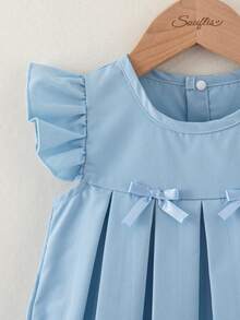 Souflis Souflis Vestito casual da tutti i giorni per bambine in stile vintage francese, con fiocco azzurro chiaro e dettagli plissettati - celeste - Visualizzare 6