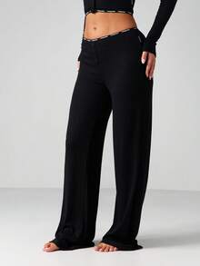 MISSGUIDED Ribbed Button Front With Elastic Waist Band Sleep Pajama Pants Loungewear - Black - View 4