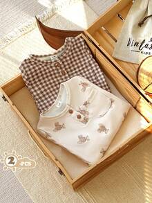 Vintaside Kids 2pcs Newborn Casual Cute Bear & Plaid Print Long Sleeve Romper, Suitable For Spring, Summer, Autumn, Winter, Home, Outdoor, Daily Wear