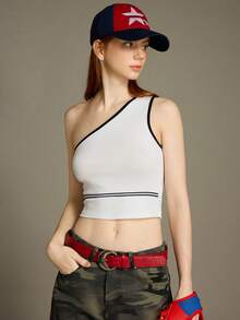 Elnivra Áo tank top nữ màu trắng lệch vai viền đen, áo vest mùa hè dễ thương, trang phục đi biển. - Đen và trắng - Xem 5