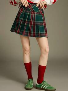 Elnivra Preppy Style Y2K Zip Side Tartan Pleated Skirt For New Year Clothes,Red And Green High-Waisted,Birthday Outfits,Spring/Summer For Valentine's Day - Green - View 5