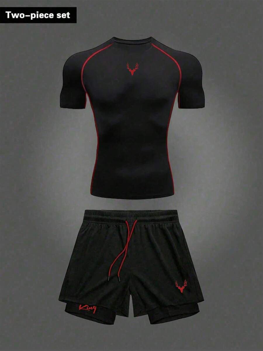 Manfinity Sport Corelite Bộ đồ thể thao nam in hình đầu hươu gồm áo thun và quần short, tay ngắn, bộ tập luyện, quần áo tập gym, quần áo thể thao nam, bộ đồ chạy bộ, bộ đồ tập gym, bộ đồ tập thể dục, áo nén thể thao nam. - màu đen - Xem 1