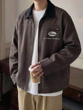 Manfinity Unisex 标准尺码男士时尚刺绣拼接长袖外套，适合秋季、冬季及情侣穿着