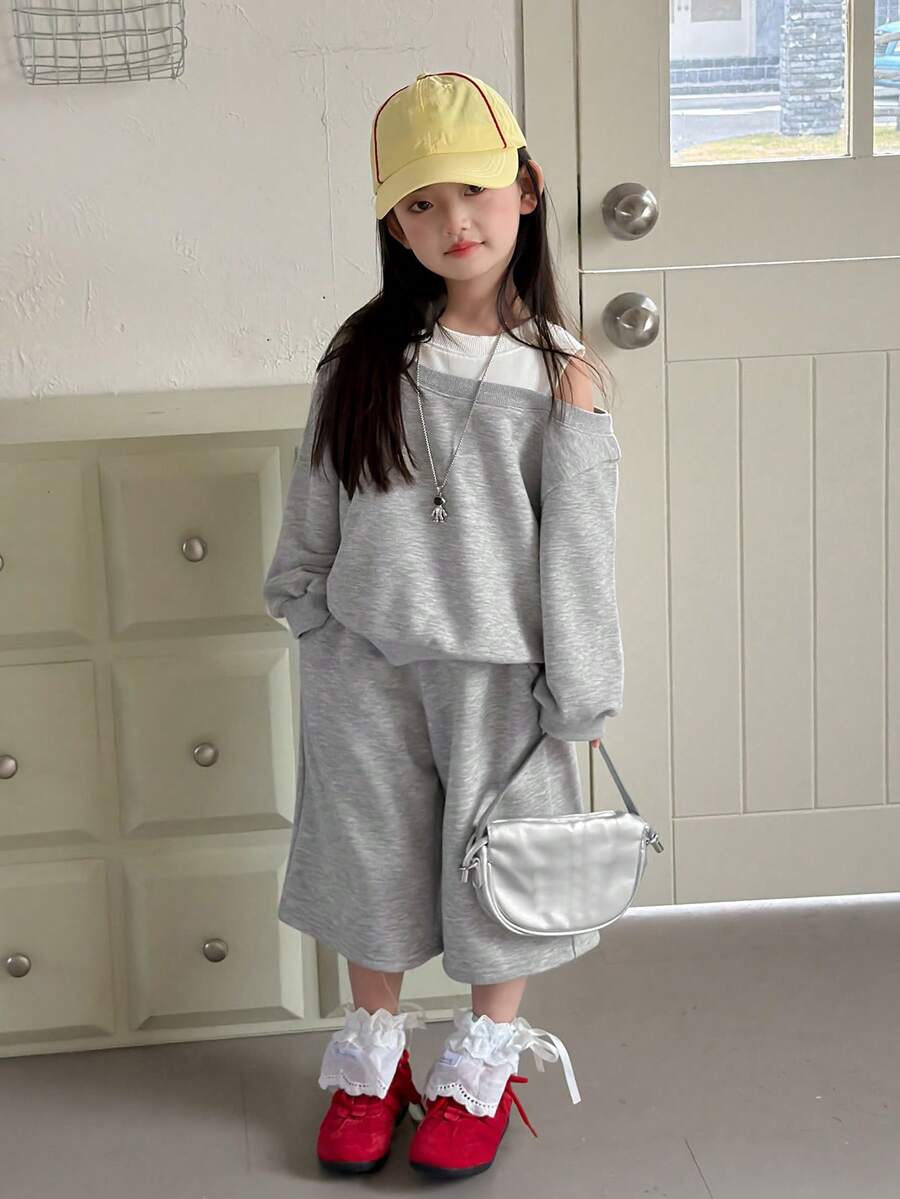 DAZY 2pcs/Set Young Girls Off-Shoulder Long Sleeve Sweatshirt & Shorts Set Spring - Grey - View 1