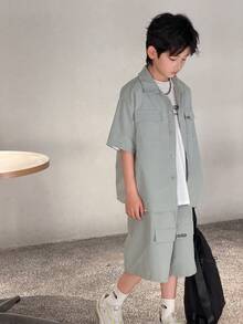 2件套儿童/青少年男童休闲韩版工装领短袖衬衫和纯色短裤套装，适合上学、花园、海滩、生日、春夏穿着。 - 綠色 - 查看 5