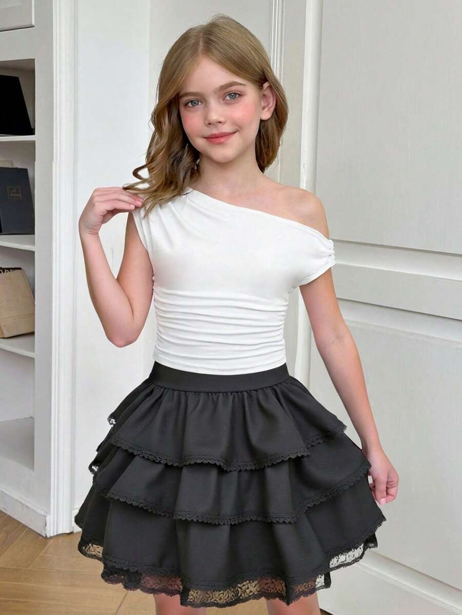 SHEIN 少女不对称斜肩无袖侧褶皱修身短款T恤 - 白色 - 查看 1