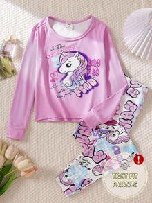 SHEIN 女童修身长袖上衣和裤子套装，粉色上衣搭配彩色独角兽涂鸦图案长裤，采用弹力面料，活动自如。 - 彩色 - 查看 3
