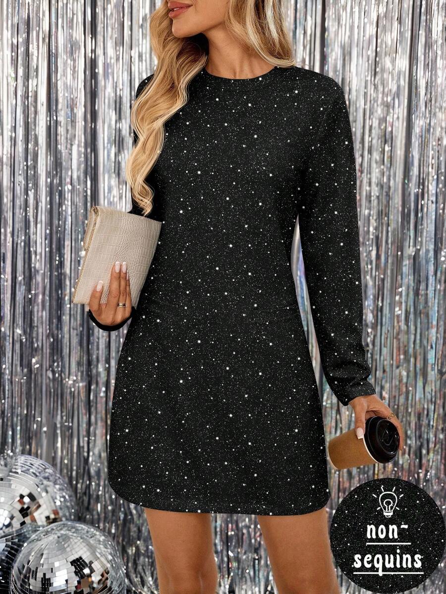 EMERY ROSE Damen Glitzer Pailletten Mini Kleid, Party Kleid, Lässig Kleid, Herbst Kleid, Schwarzes Kleid, Elegantes Kleid, Schwarzes Kleid, Anmutiges Langarm Kleid, Kurzes Party Kleid, Gelegenheitskleidung, Abschlussball Kleid, Modisches Kleid