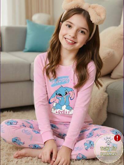 2pcs Girls Cute Blue Pattern Print & Pink Round Neck Long Sleeve Top And Leggings Knit Fabric Comfortable Soft High Stretch Snug Fit Pajama Set Teen Girl Sleep Wear