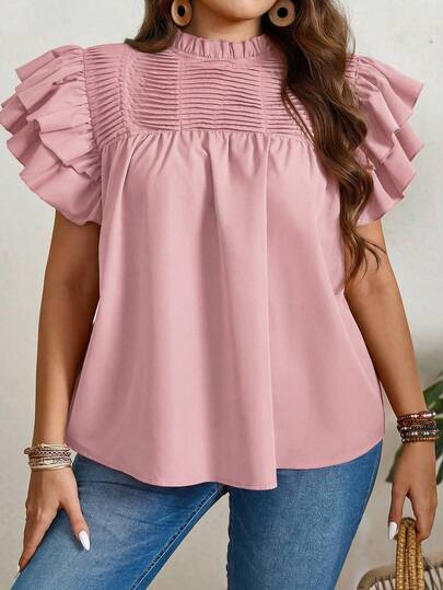 SHEIN LUNE Plus Size Solid Color Ruffle Trim Casual Pullover Tops Valentine Day Vacation Outfits Woman Summer Outfits For Women Going Out Tops Women,Business Casual Woman,Summer,Cute Shirts,Office, Summer Tops