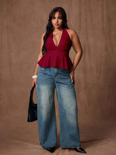 Rustia Blusa de tirantes sin espalda con lazo delantero y bajo con volantes en unicolor, estilo casual de vacaciones para mujer talla grande