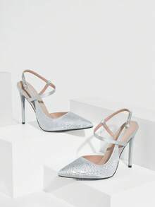 CUCCOO SZL Women's Apricot Rhinestone Embellished Slip-On High Heel Pumps Valentine's Day - Light Grey - View 2