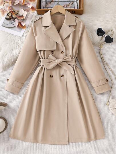 SHEIN Sparklyn Tween Mädchen Schulanfang Vintage Khaki Doppelreiher Gürtel Reverskragen Midi Mantel Herbst Winter