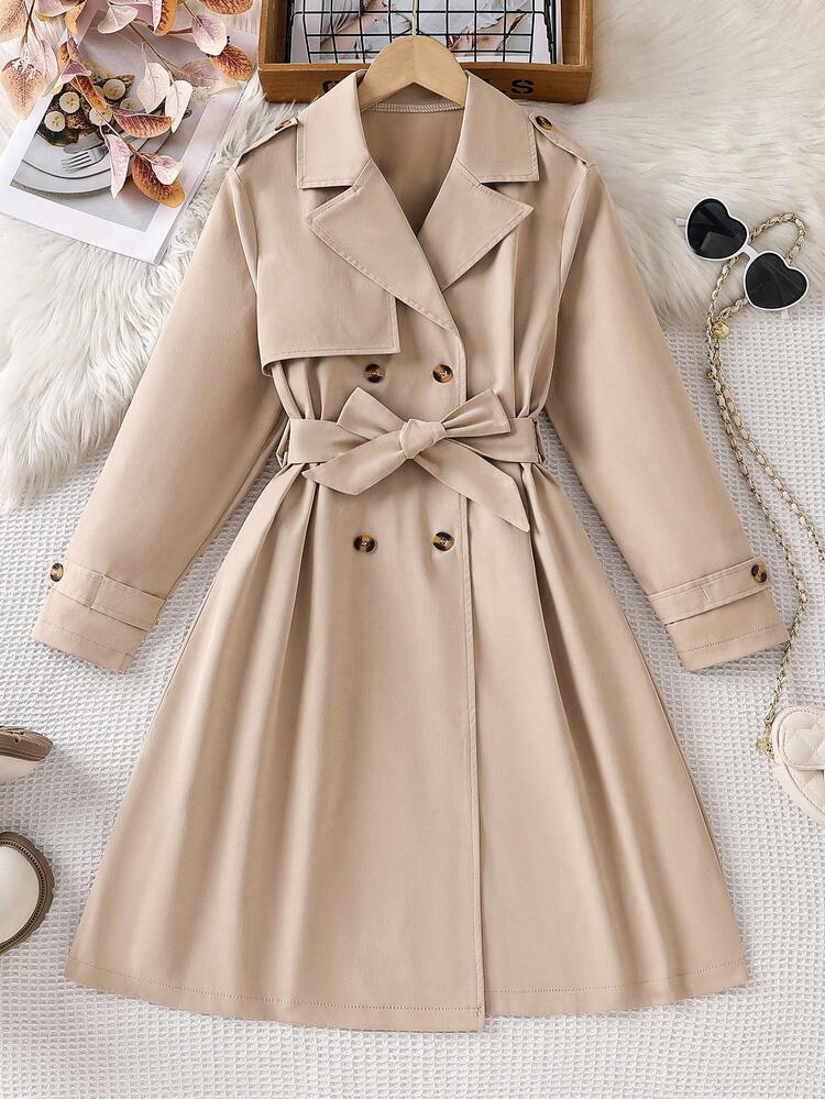 SHEIN 1pc Girls' Khaki Double-Breasted Belted Long Jacket,Brown,Autumn,Vintage,School,Back-To-School Fashionable Woven Reversible Collar Coat For Outdoor - Khaki - View 1