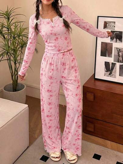 Pijama informal de manga larga con cuello en V y estampado floral para adolescentes, cómodo y casual