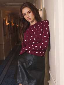 Maija 女士波点图案圆领长袖修身时尚T恤派对上衣红色上衣女士新年亮片上衣红色上衣女士波点上衣新年女士休闲波点派对新年夜波点上衣红色上衣酒红色上衣情人节女士 - 酒紅色 - 查看 7