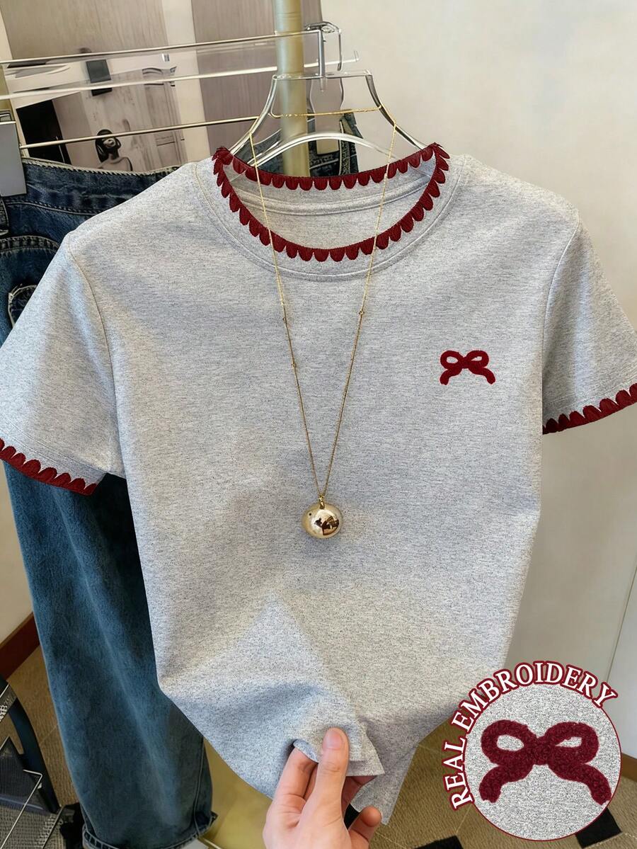 Resyla 女士上衣,蝴蝶结刺绣图案,撞色设计,独特风格,高端时尚,青春活力,休闲家居女式T恤,2026春夏新款,送给女朋友的礼物 - 灰色 - 查看 1
