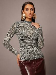 Silquee 秋冬浪漫立领混色动物纹植绒薄纱性感女士长袖上衣，优雅派对/约会/夜店、婚礼、情人节、圣诞节 - 杏色 - 查看 7