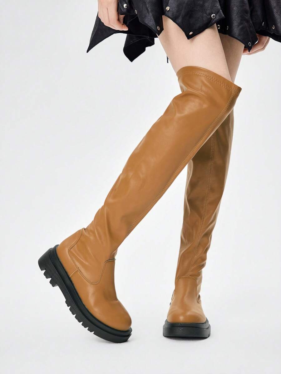 ROMWE Giày bốt nữ màu đen co giãn, phong cách rock punk goth tối màu, bốt đế dày kiểu mô tô, bốt da cao đến đầu gối, thích hợp cho ngày Valentine. - Màu vàng nâu - Xem 1