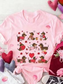 EMERY ROSE Áo thun in hình chó Dachshund Doxie mặc váy, áo thun cotton mềm mại tay ngắn cho nữ, áo thun thời trang thoải mái cho nữ. - Hồng - Xem 1