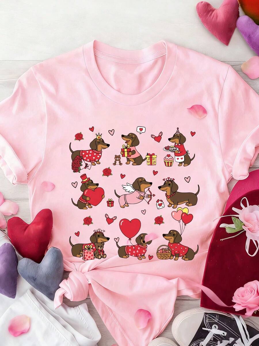 EMERY ROSE Áo thun in hình chó Dachshund Doxie mặc váy, áo thun cotton mềm mại tay ngắn cho nữ, áo thun thời trang thoải mái cho nữ. - Hồng - Xem 1