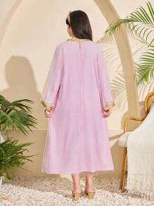 少女中东风亮片连衣裙搭配网纱套头外套套装，可爱粉色优雅派对装扮 - 粉色 - 查看 2