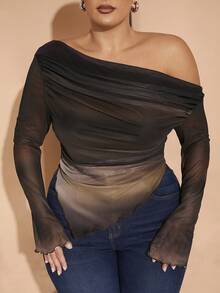 SHEIN X Phaith Montoya SHEIN BAE 大码秋季优雅性感甜美女士抽象渐变图案网纱印花不对称单肩方巾下摆喇叭长袖T恤上衣万圣节装扮约会装 - 彩色 - 查看 4