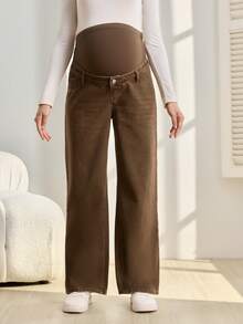 SHEIN Adjustable Waist Straight-Leg Maternity Jeans, Casual Everyday Wear - Brown - View 3