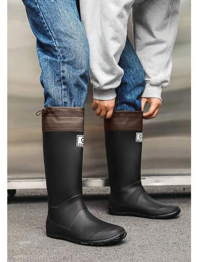 采用优质防水材料，顶部配有可调节抽绳，贴合脚型，有效防止雨水渗入，耐磨防滑。这款高帮雨靴是户外涉水和雨天出行的理想之选，让您倍感安心。