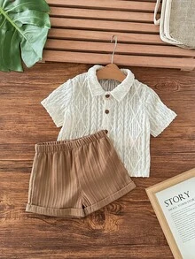 SHEIN Newborn Baby Boy Casual Cute Knitted Apricot Short Sleeve Shirt And Elastic Waist Shorts Set