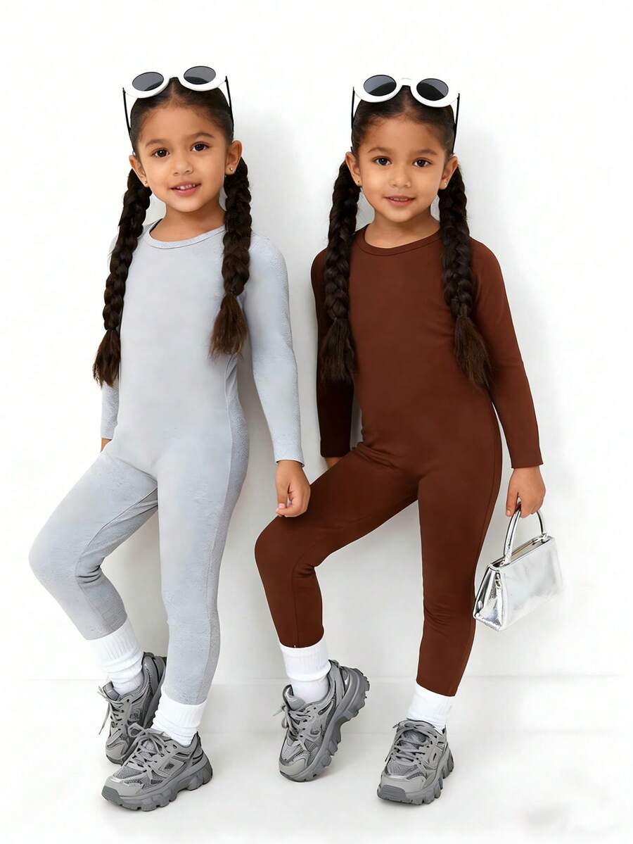 2pcs Girls Autumn/Winter Snug Fit Warm Solid Color Jumpsuit, Soft Material For Comfortable Wear, Solid Color, Suitable For Home, Spring/Autumn/Winter - Multicolor - View 1